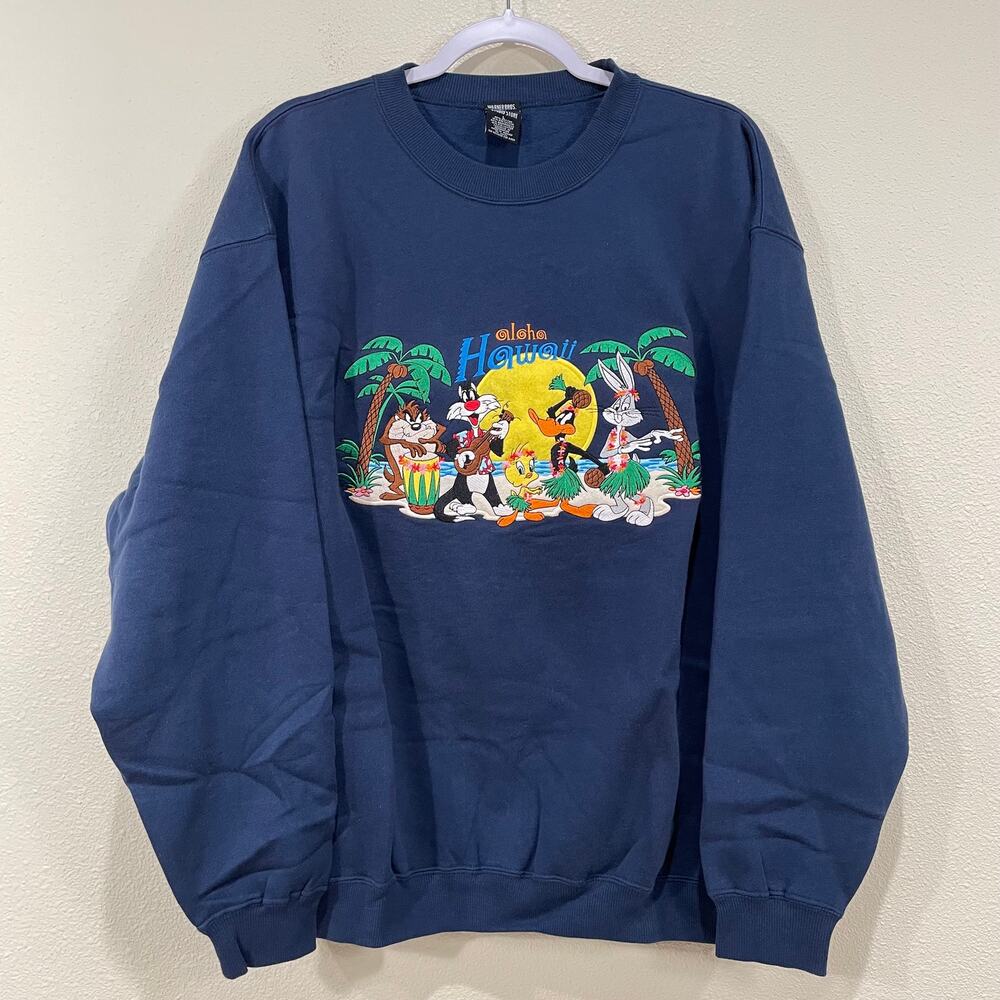 Vintage 90s Warner Brothers Looney Tunes Aloha Hawaii Sweatshirt Indie Skater L